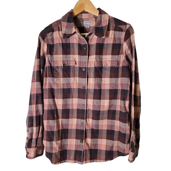 CARHARTT Pink Brown Plaid Western Utility Long Sleeve Active Casual Top SZ S - Picture 1 of 10